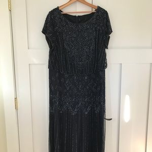 Adrianna Papell Beaded Navy Blue Blousen Gown Plus